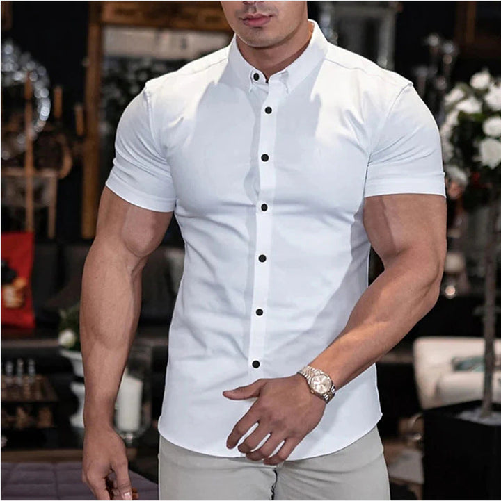 Fyn - Slim fit herenshirt met korte mouwen in één kleur