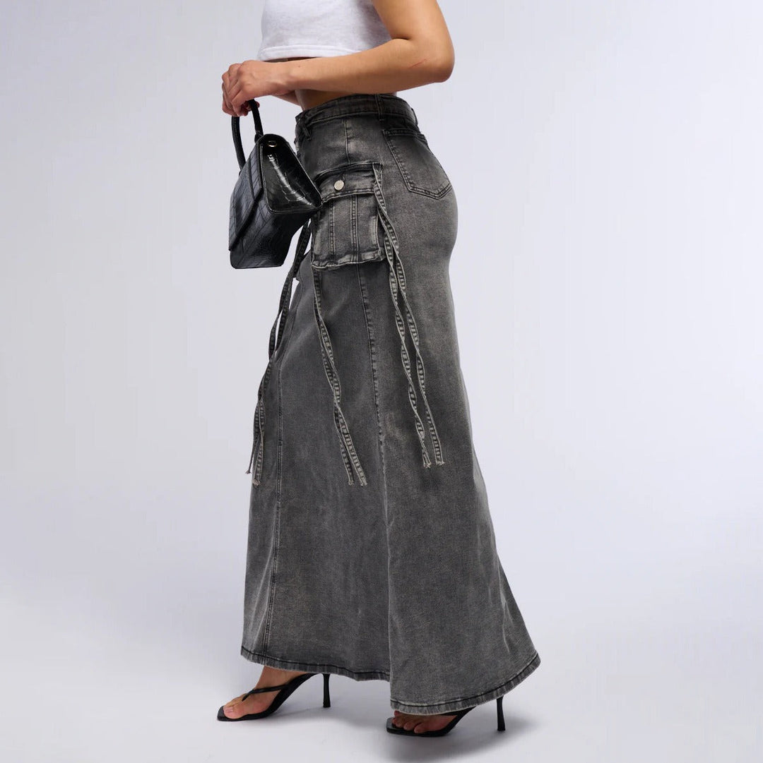 Dames denim lange rok met utility zakken recht model - Renata