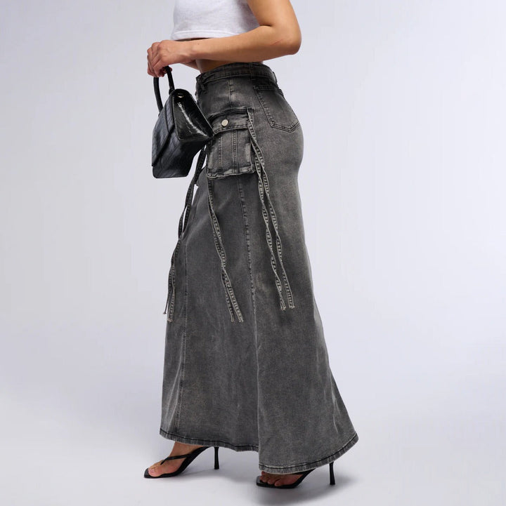 Dames denim lange rok met utility zakken recht model - Renata