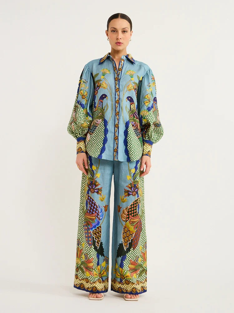 Bedrukte damesset met shirt en wijde broek - Mirrisa