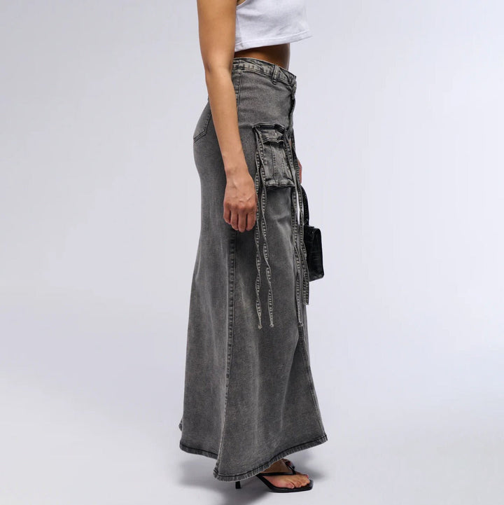 Dames denim lange rok met utility zakken recht model - Renata