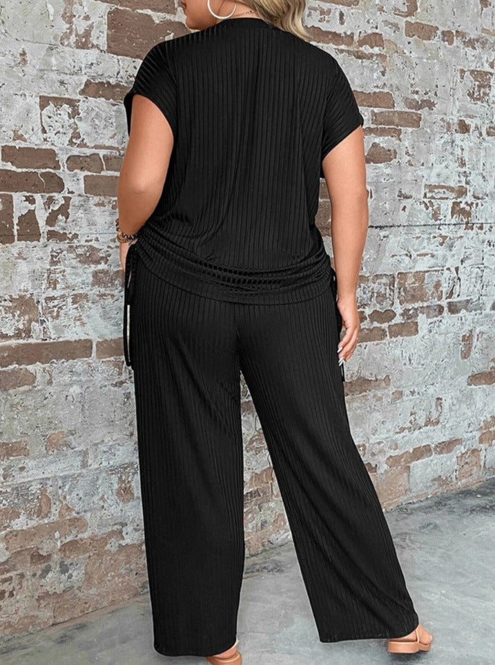 Lana - Plus Size tweedelige sexy broek met korte mouwen en wijde pijpen