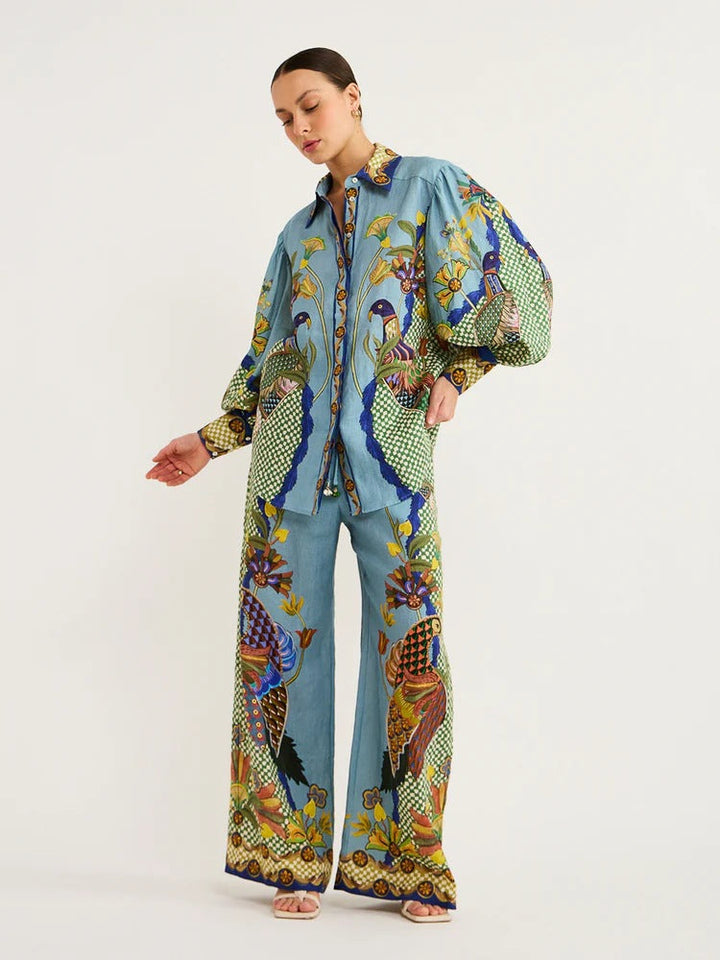 Bedrukte damesset met shirt en wijde broek - Mirrisa