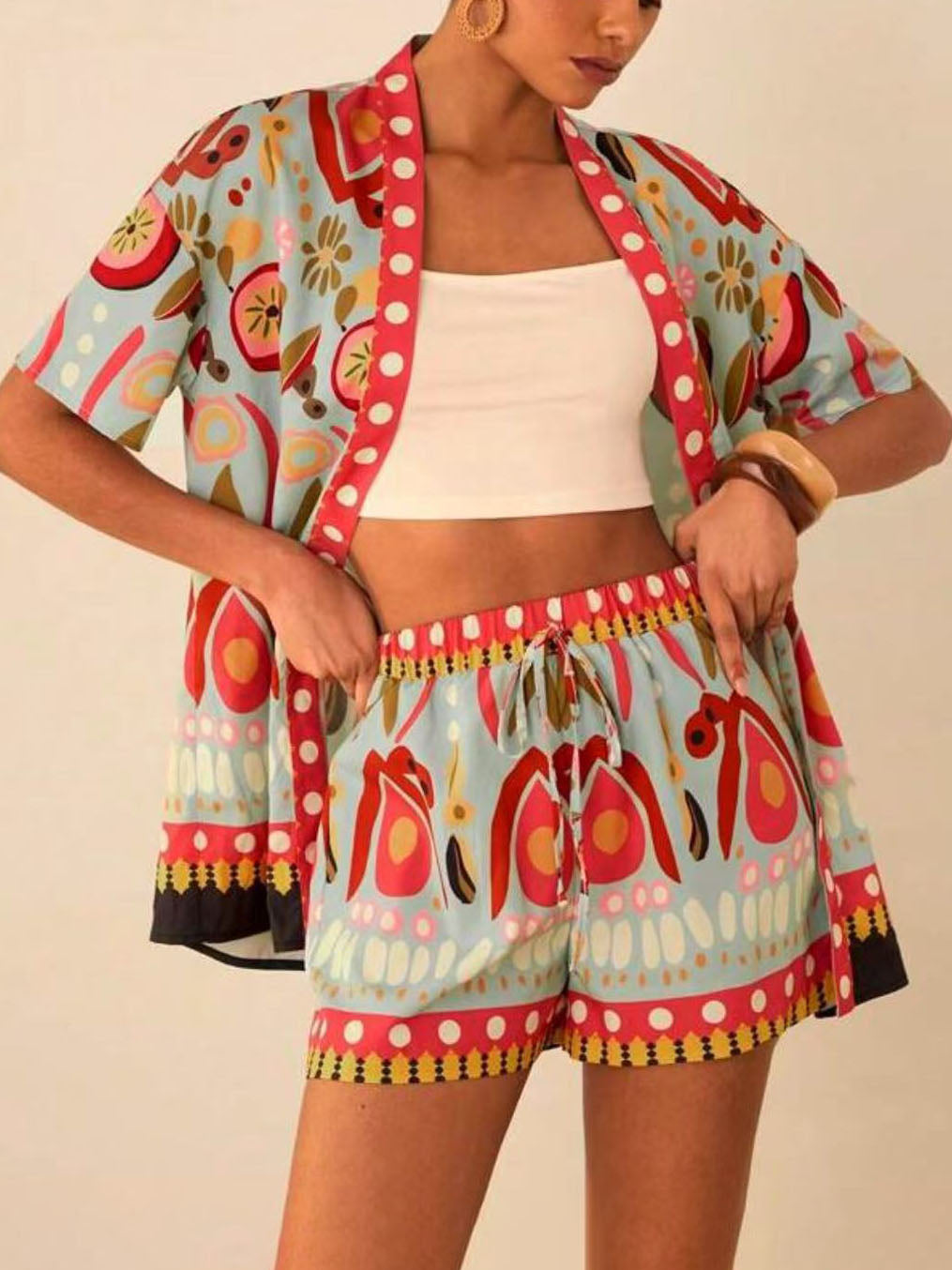 Dames kimono korte en korte broek met lenteprint - Arlena