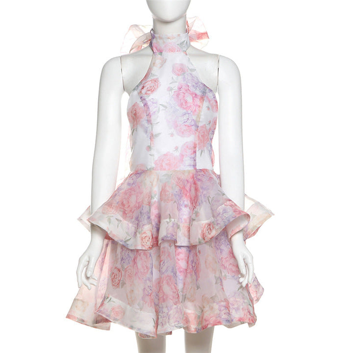 Valeria - Bedrukte korte jurk met open rug en halterneklijn