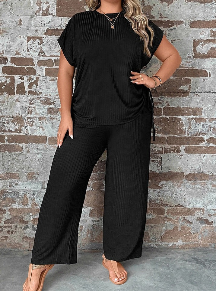 Lana - Plus Size tweedelige sexy broek met korte mouwen en wijde pijpen