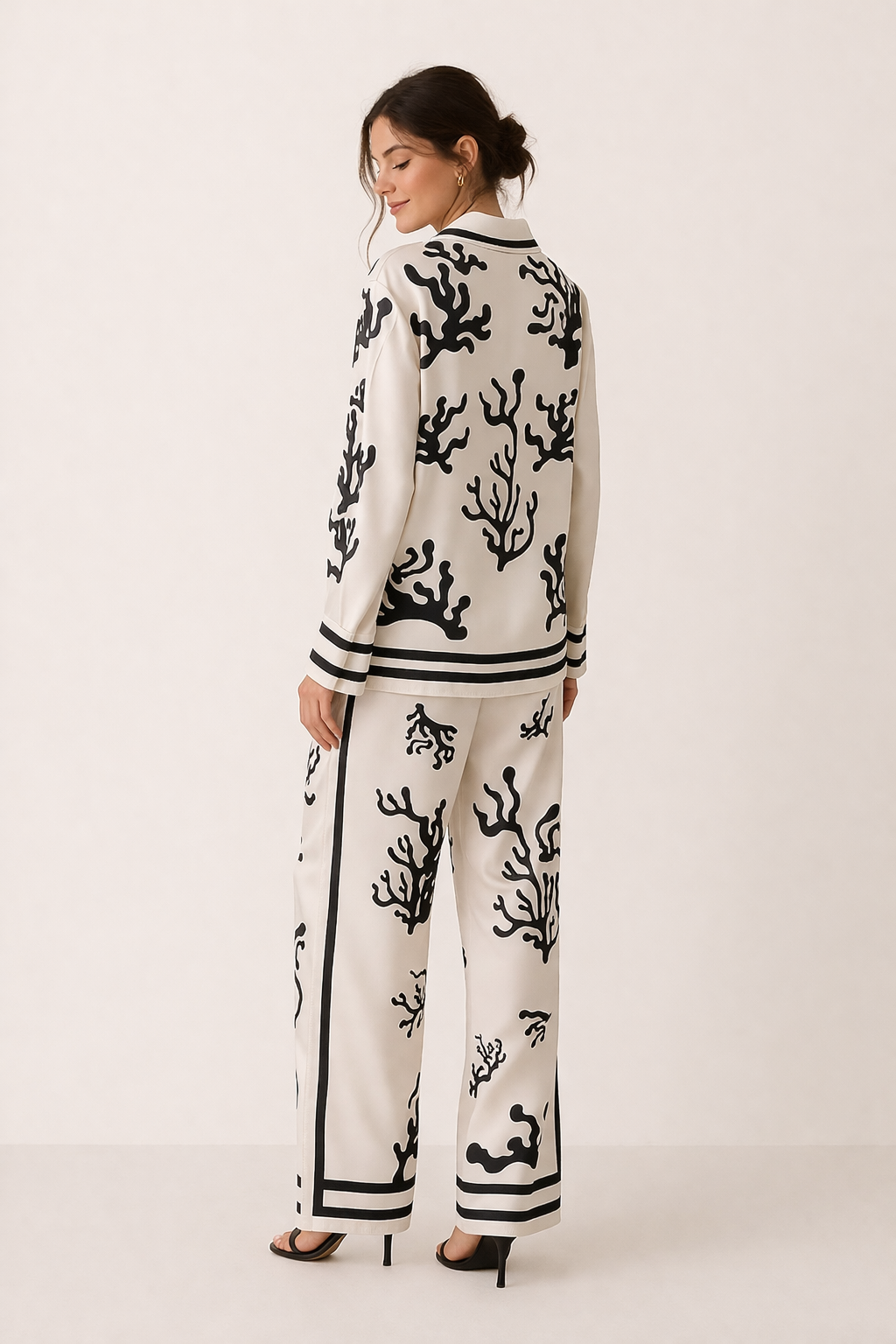 Damesset blouse wijde broek elegante print - Pioenroos