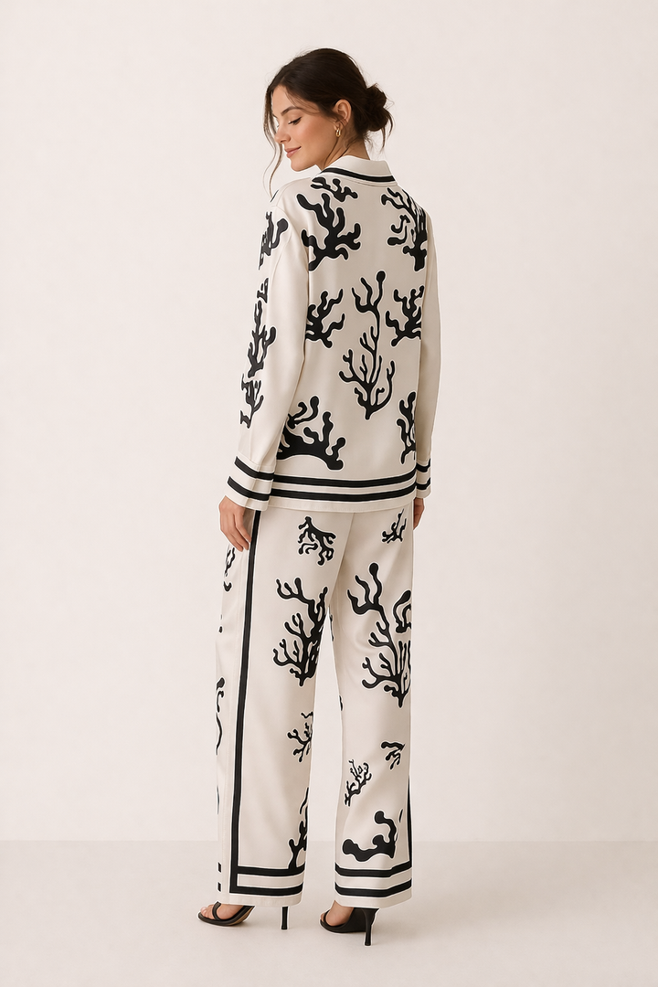 Damesset blouse wijde broek elegante print - Pioenroos