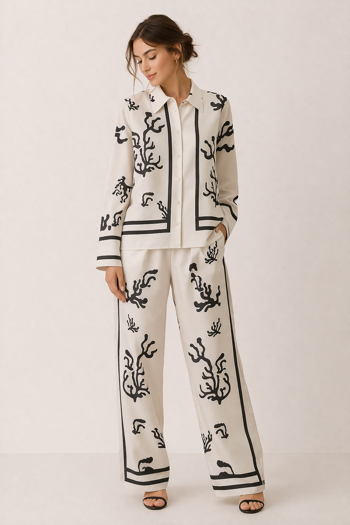 Damesset blouse wijde broek elegante print - Pioenroos