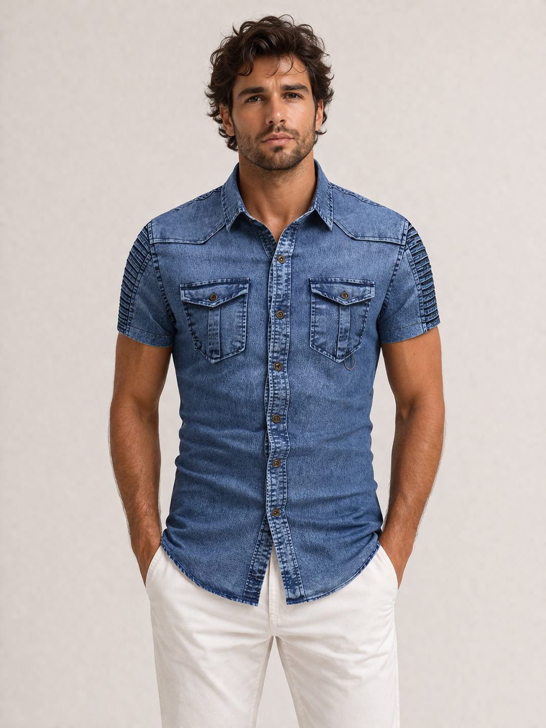 Heren denim overhemd korte mouw voorjaarsmode - Hugo