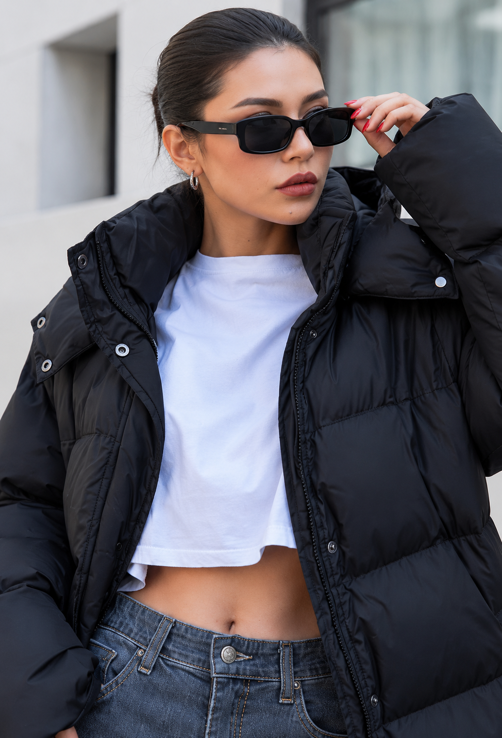Lange gewatteerde damesjas oversized met capuchon en hoge hals - Selma
