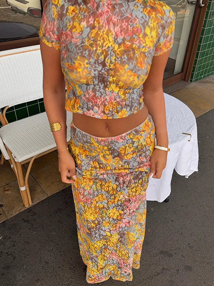 Damesset met korte top en lange rok met print - Selira