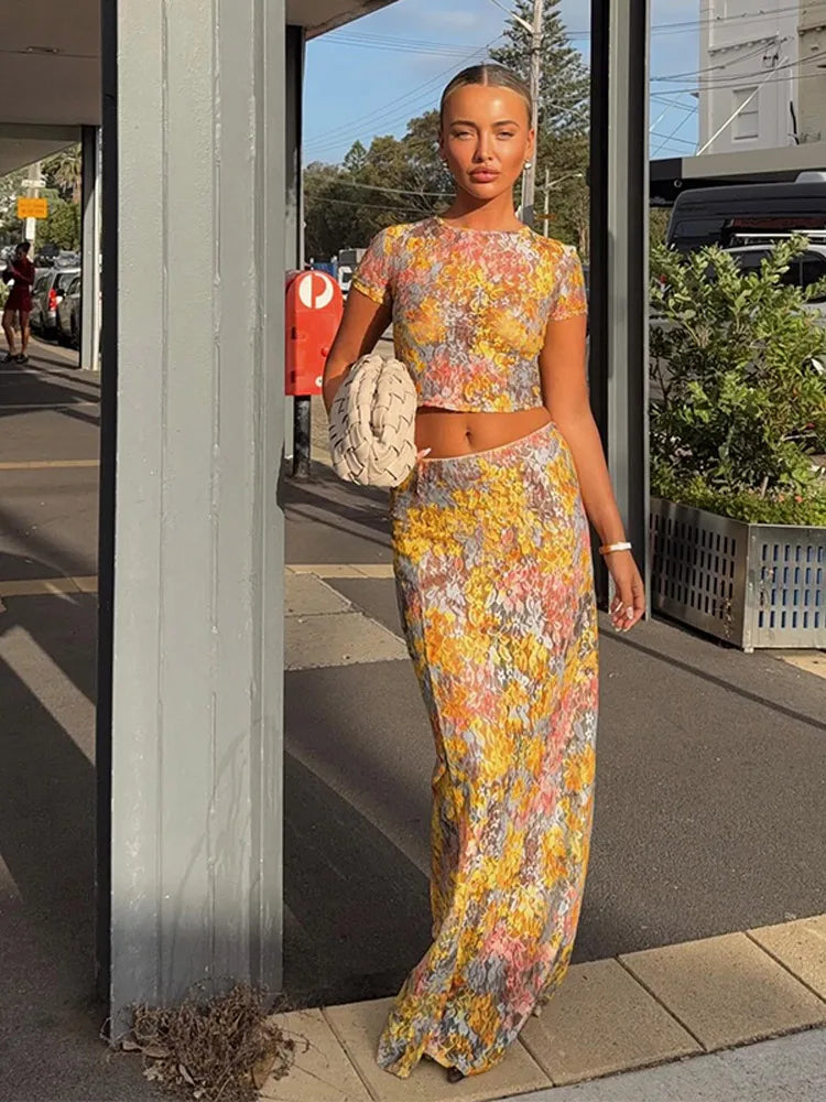 Damesset met korte top en lange rok met print - Selira