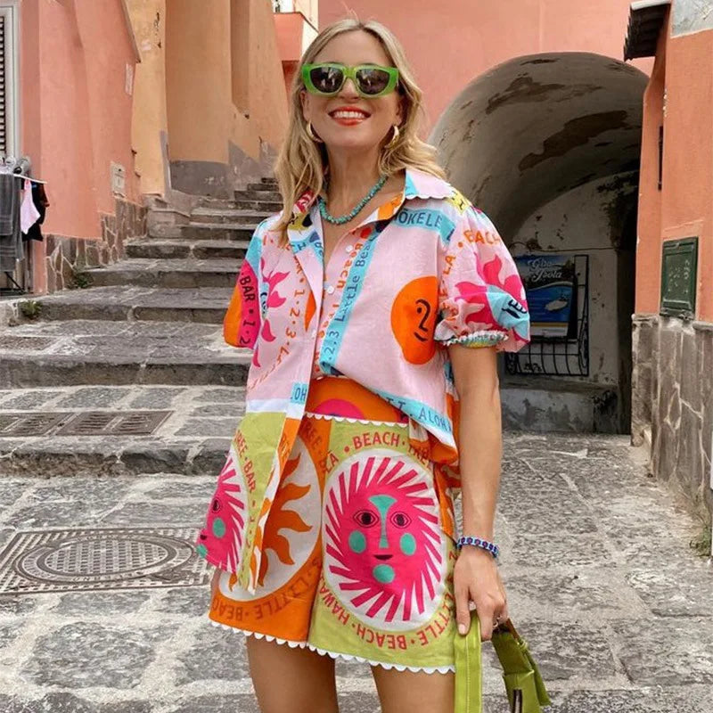 Bedrukte damesset met shirt en elastische short - Mireva