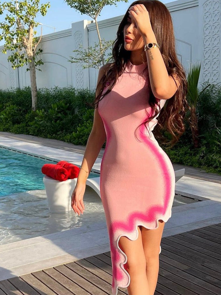 Giulia - Onregelmatige gebreide mouwloze lange jurk met golvende rand