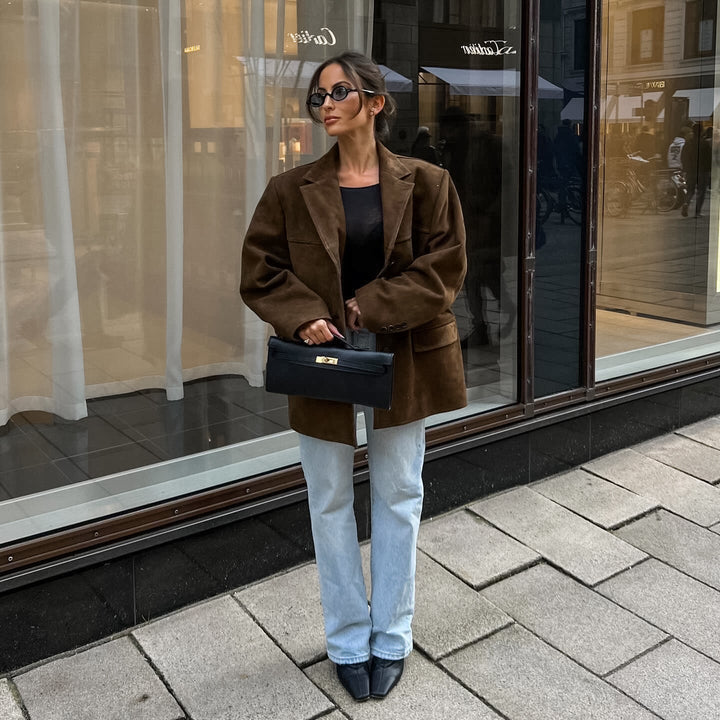 Los suède jasje met retro fluwelen revers - Loise