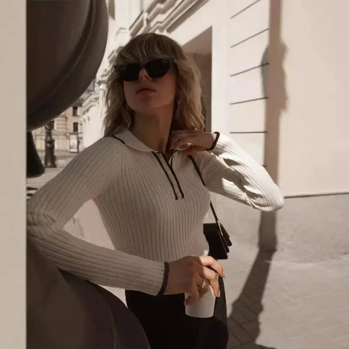 Fijn gebreide damestrui met klassieke kraag - Évanie