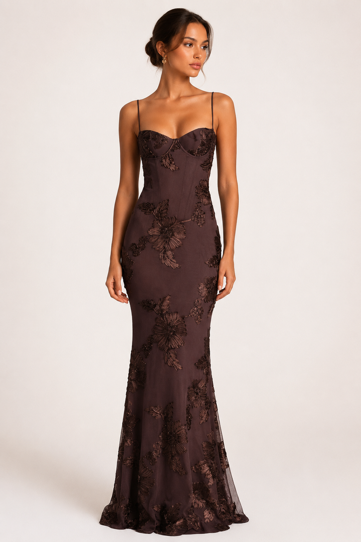 Elegante lange damesjurk met corsetlook en bloemenborduursel - Zarelle
