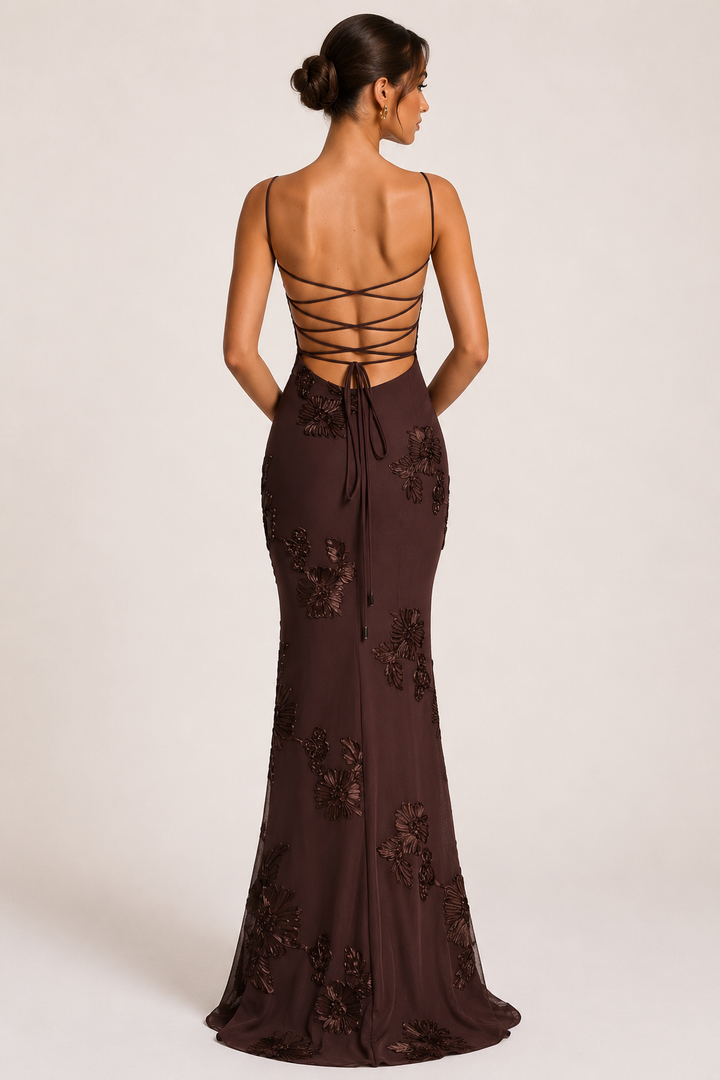 Elegante lange damesjurk met corsetlook en bloemenborduursel - Zarelle