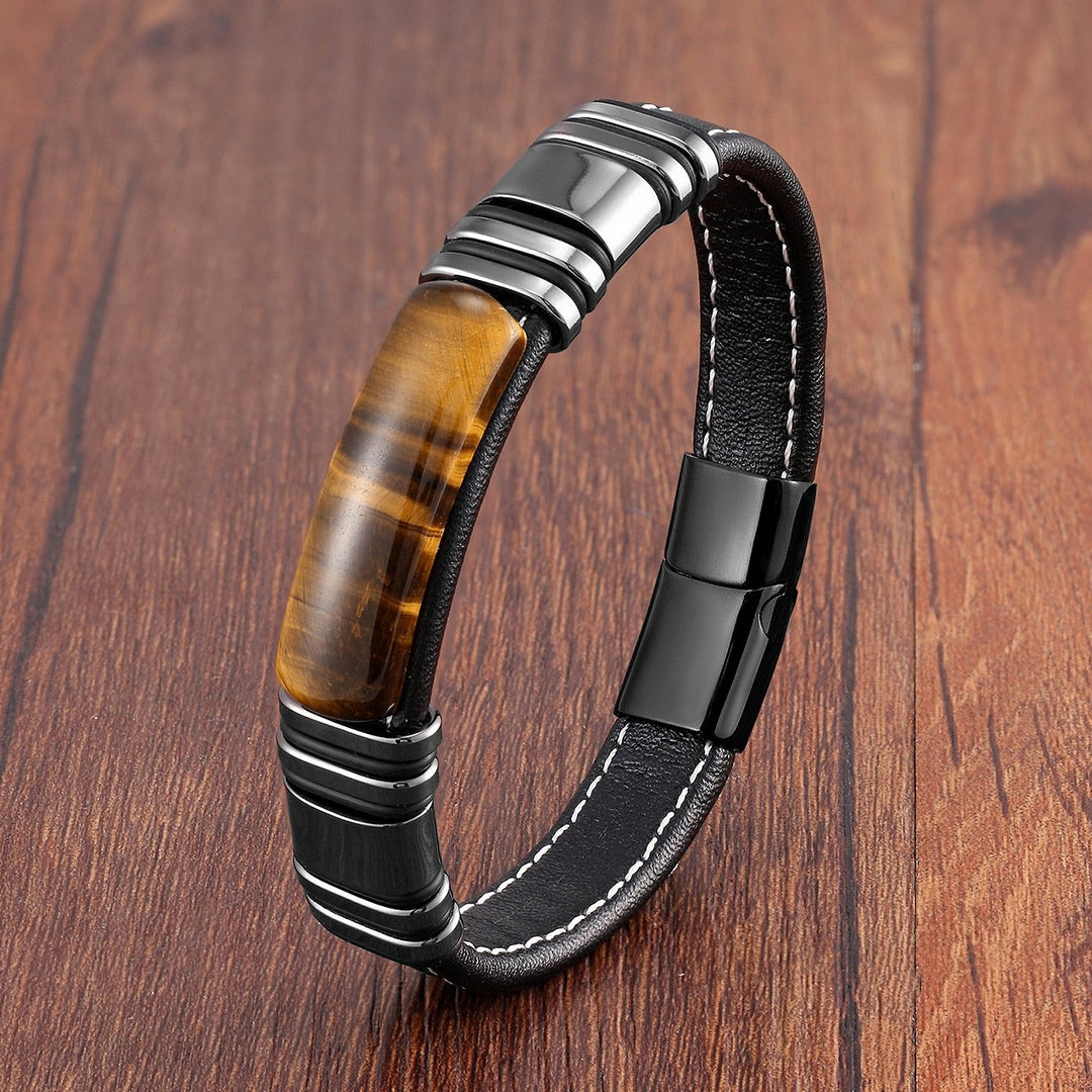 Leren herenarmband met magnetisch ontwerp van roestvrij staal - Vulcan