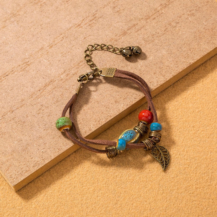 Bohemian damesarmband handgemaakt leer met keramische kralen - Lantana