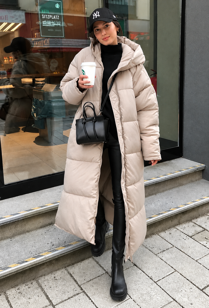 Lange gewatteerde damesjas met capuchon, oversized snit, winter - Odette