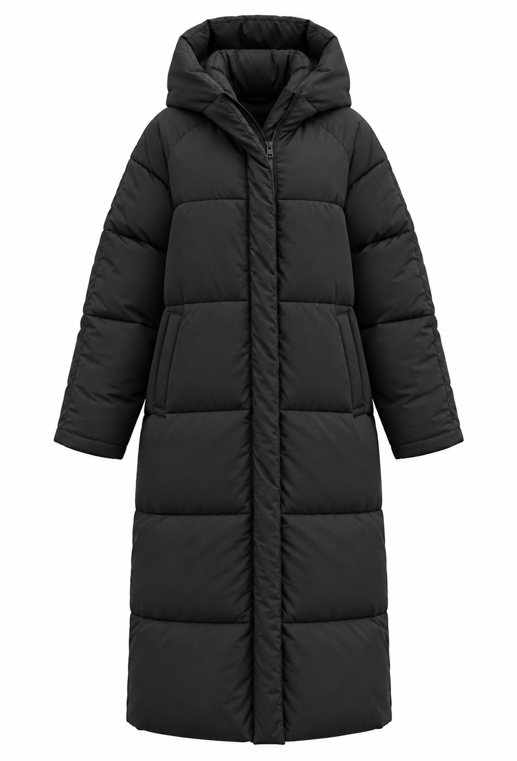 Lange gewatteerde damesjas met capuchon, oversized snit, winter - Odette