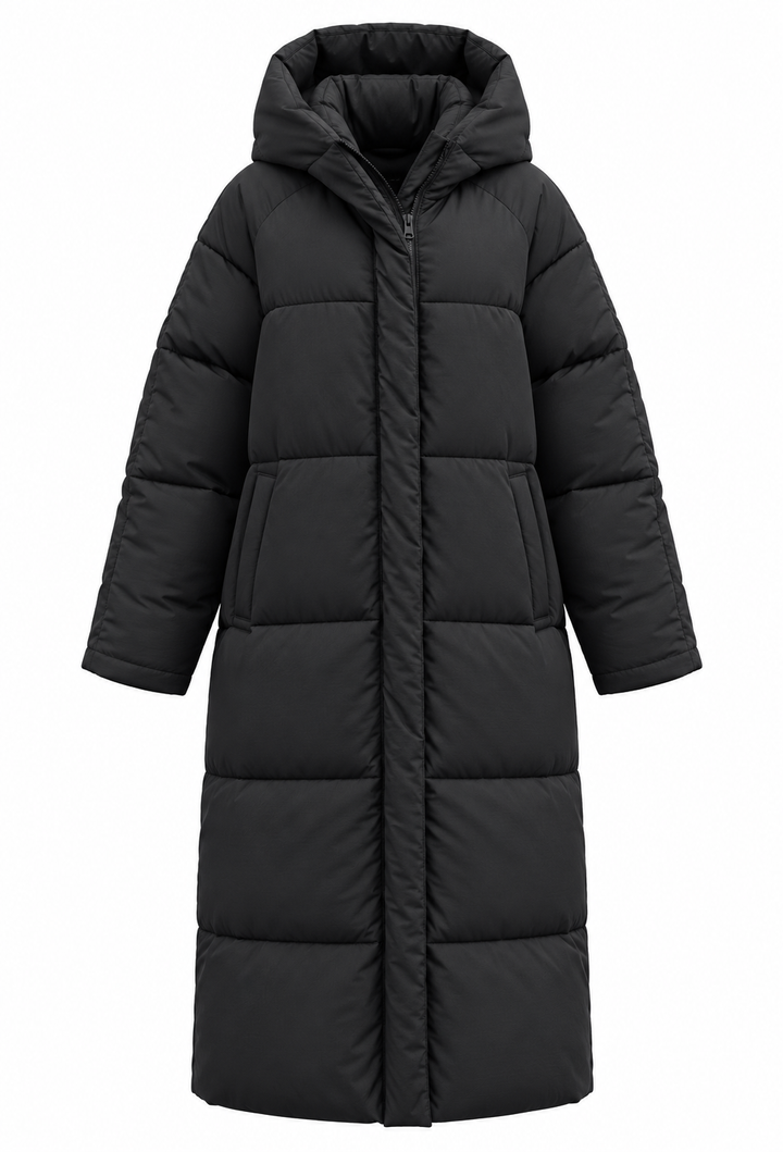 Lange gewatteerde damesjas met capuchon, oversized snit, winter - Odette