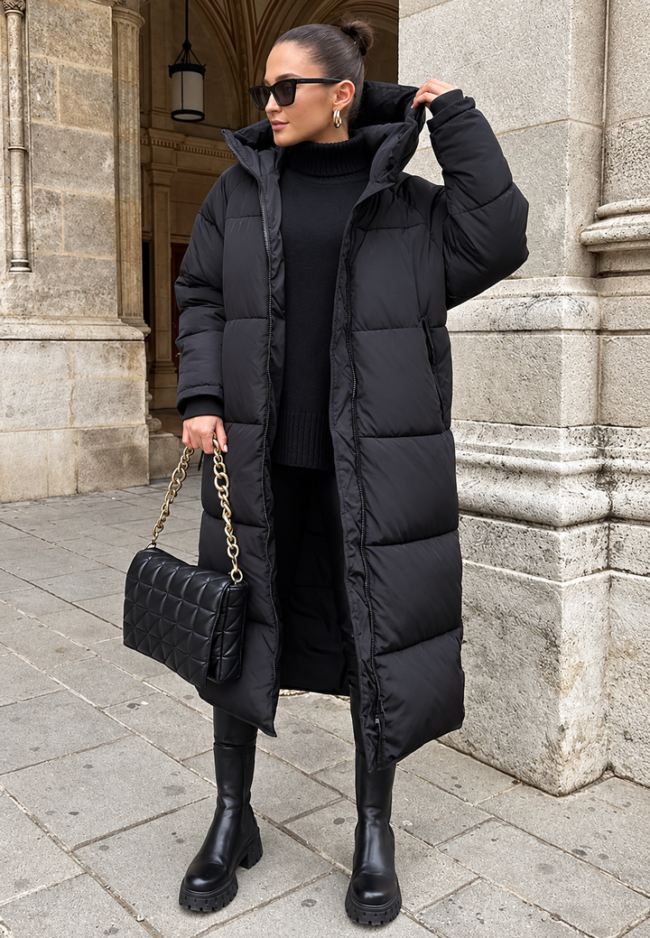 Lange gewatteerde damesjas met capuchon, oversized snit, winter - Odette