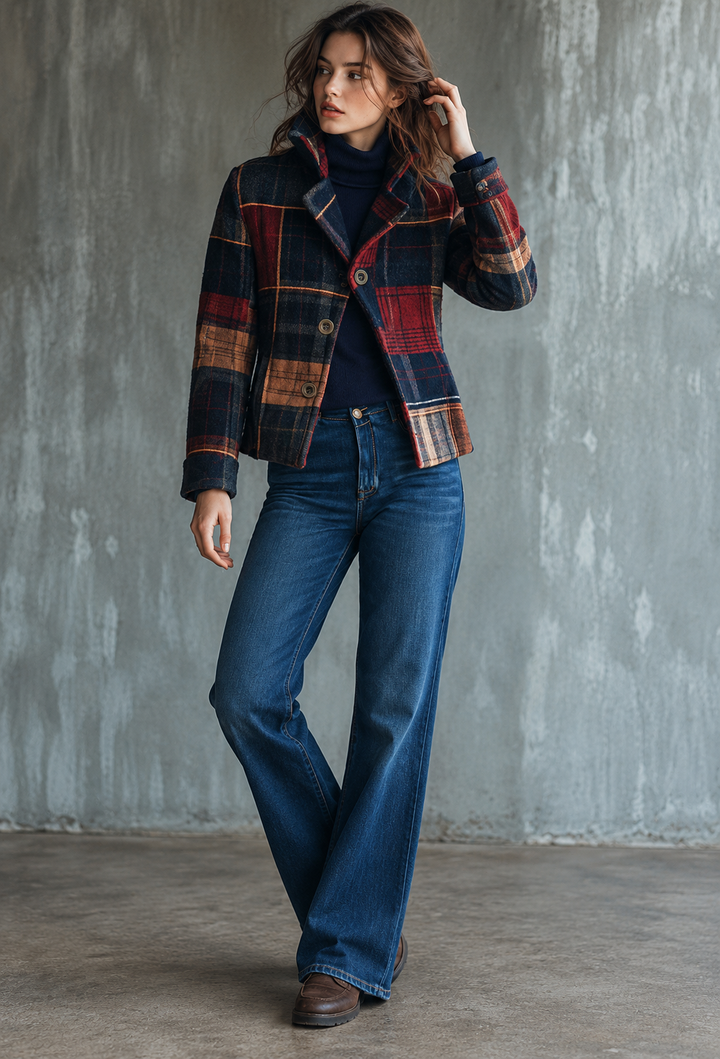Damesblazer met patchworkruiten en revers met inkeping - Noémie