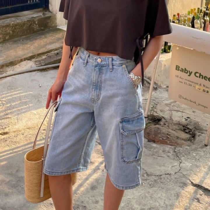 Dames denim shorts met cargozakken baggy stijl - Elina