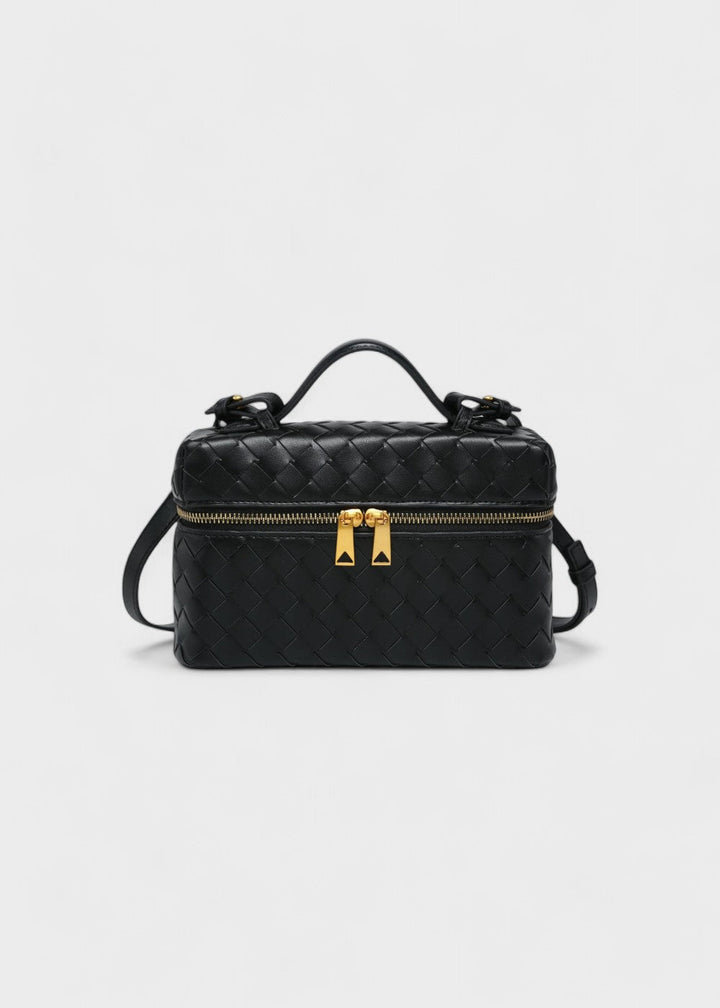 Gevlochten damestas zwart stijve structuur gouden ritsen - Valeska