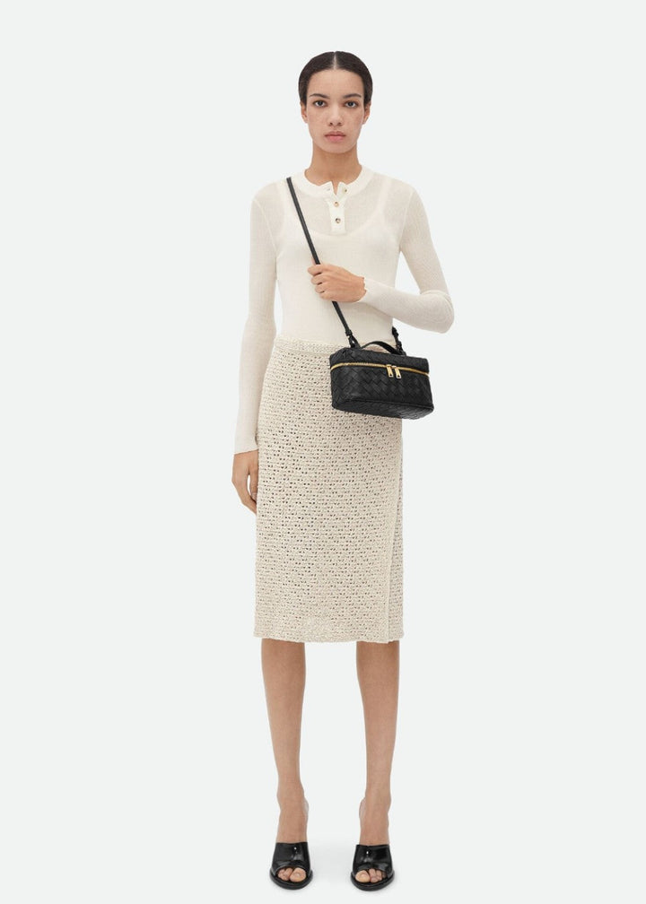 Gevlochten damestas zwart stijve structuur gouden ritsen - Valeska