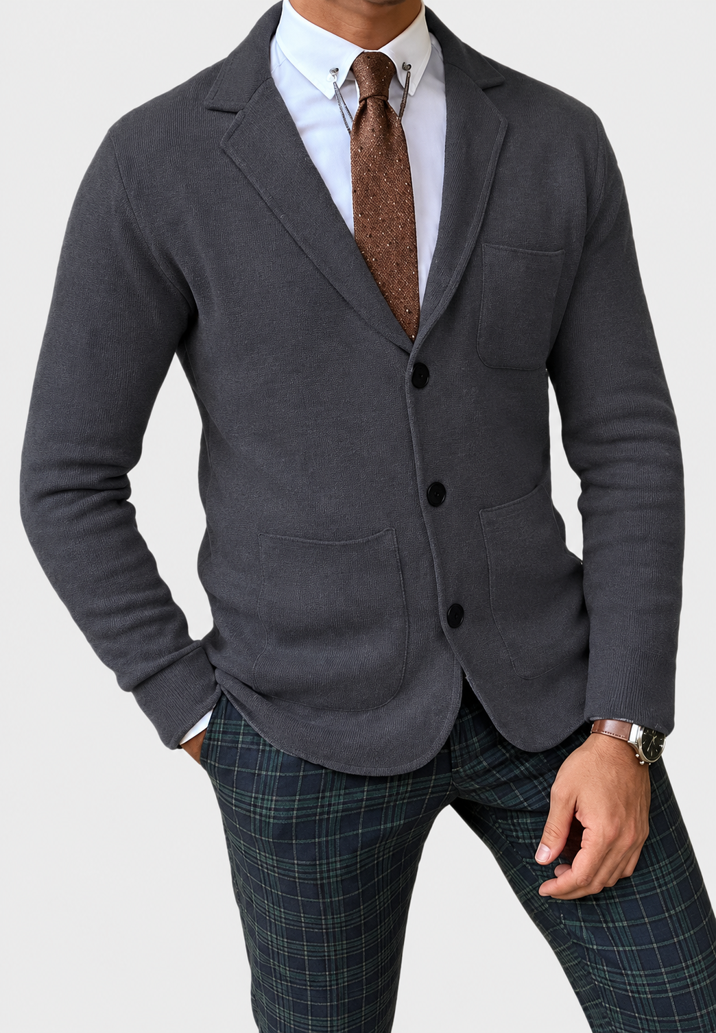 Gebreide herenblazer met revers en drie knopen - Sverre