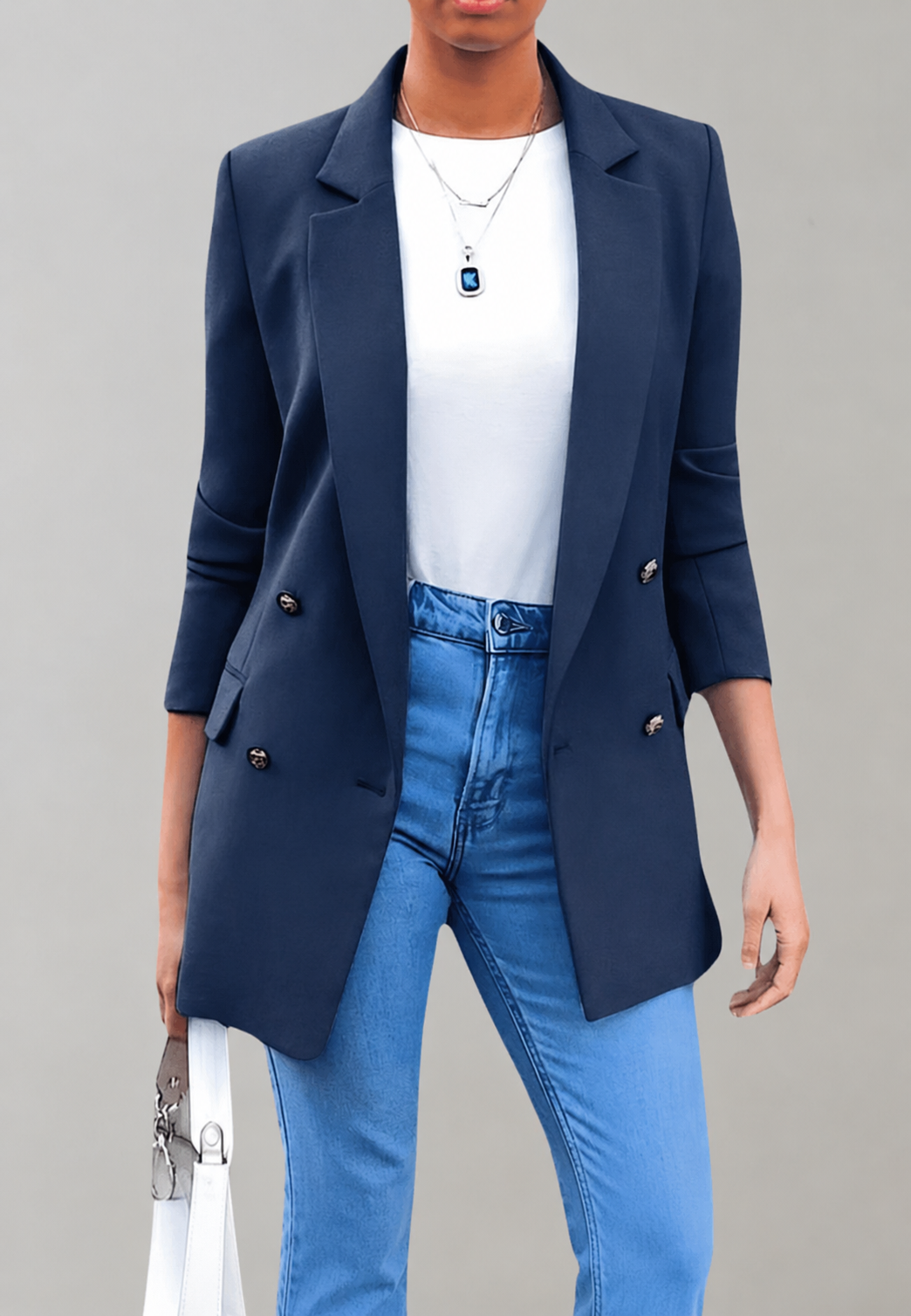 Lange damesblazer met dubbele knoopsluiting en revers - Greta
