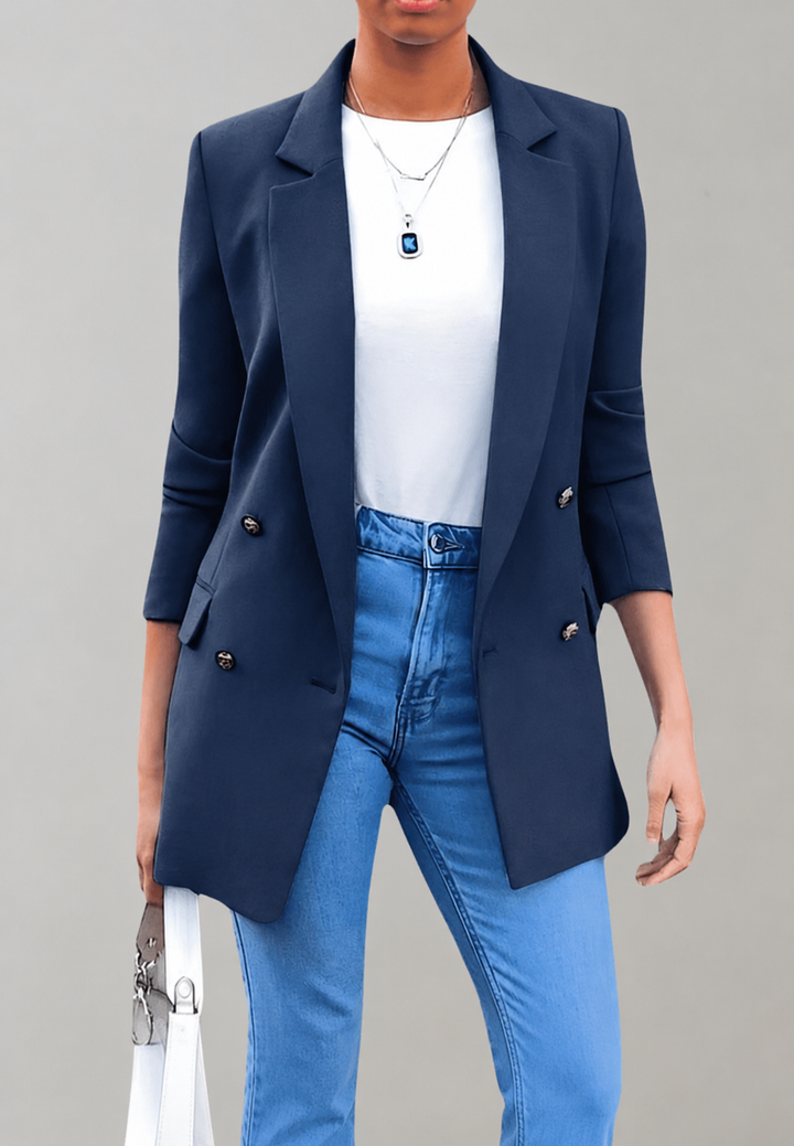 Lange damesblazer met dubbele knoopsluiting en revers - Greta