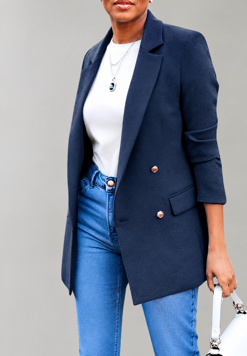 Lange damesblazer met dubbele knoopsluiting en revers - Greta