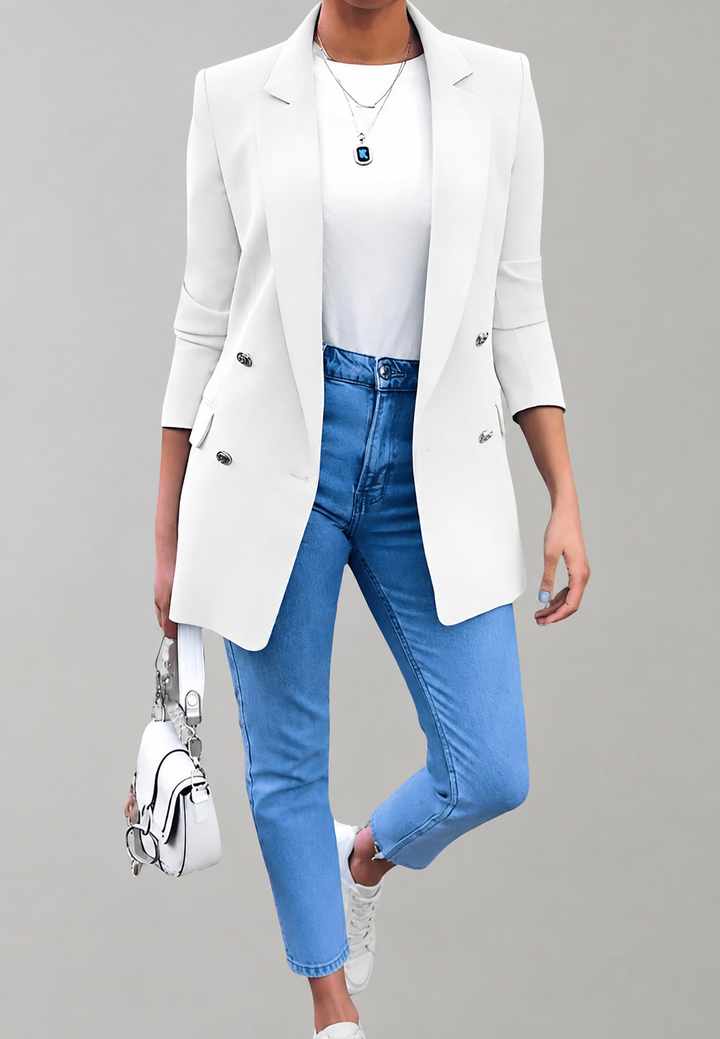 Lange damesblazer met dubbele knoopsluiting en revers - Greta