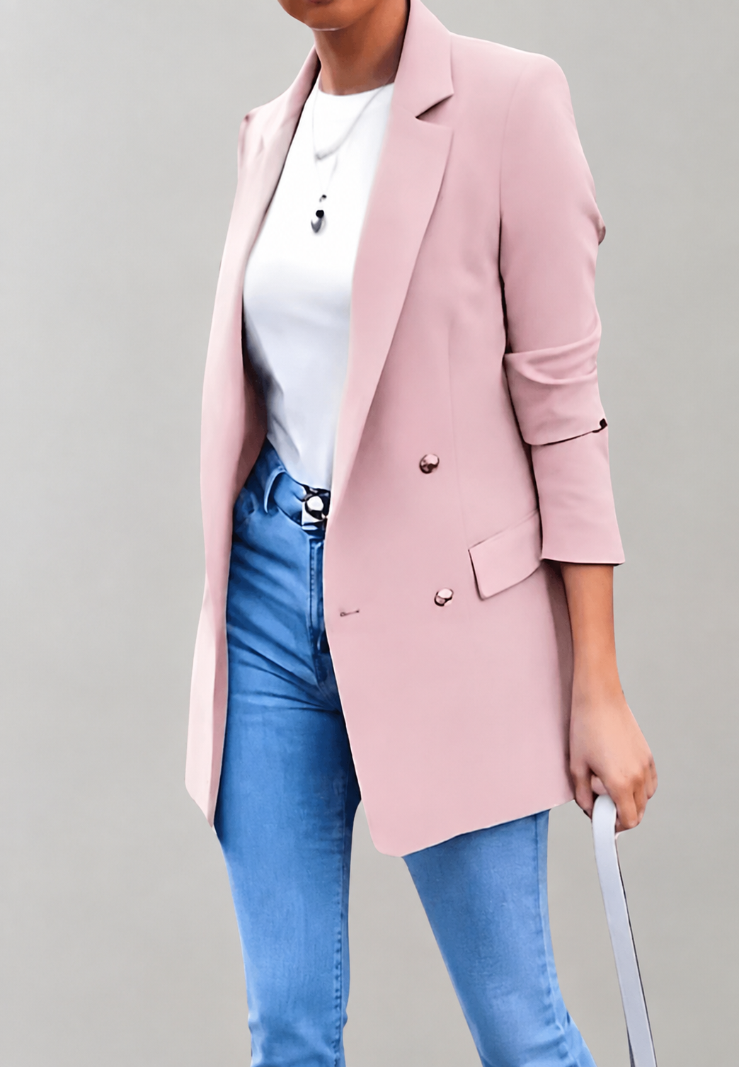 Lange damesblazer met dubbele knoopsluiting en revers - Greta