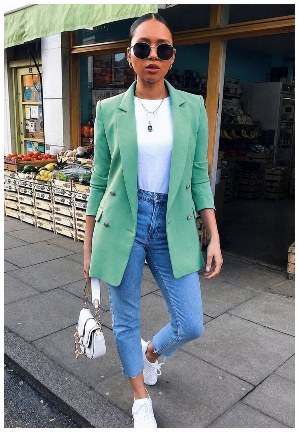 Lange damesblazer met dubbele knoopsluiting en revers - Greta