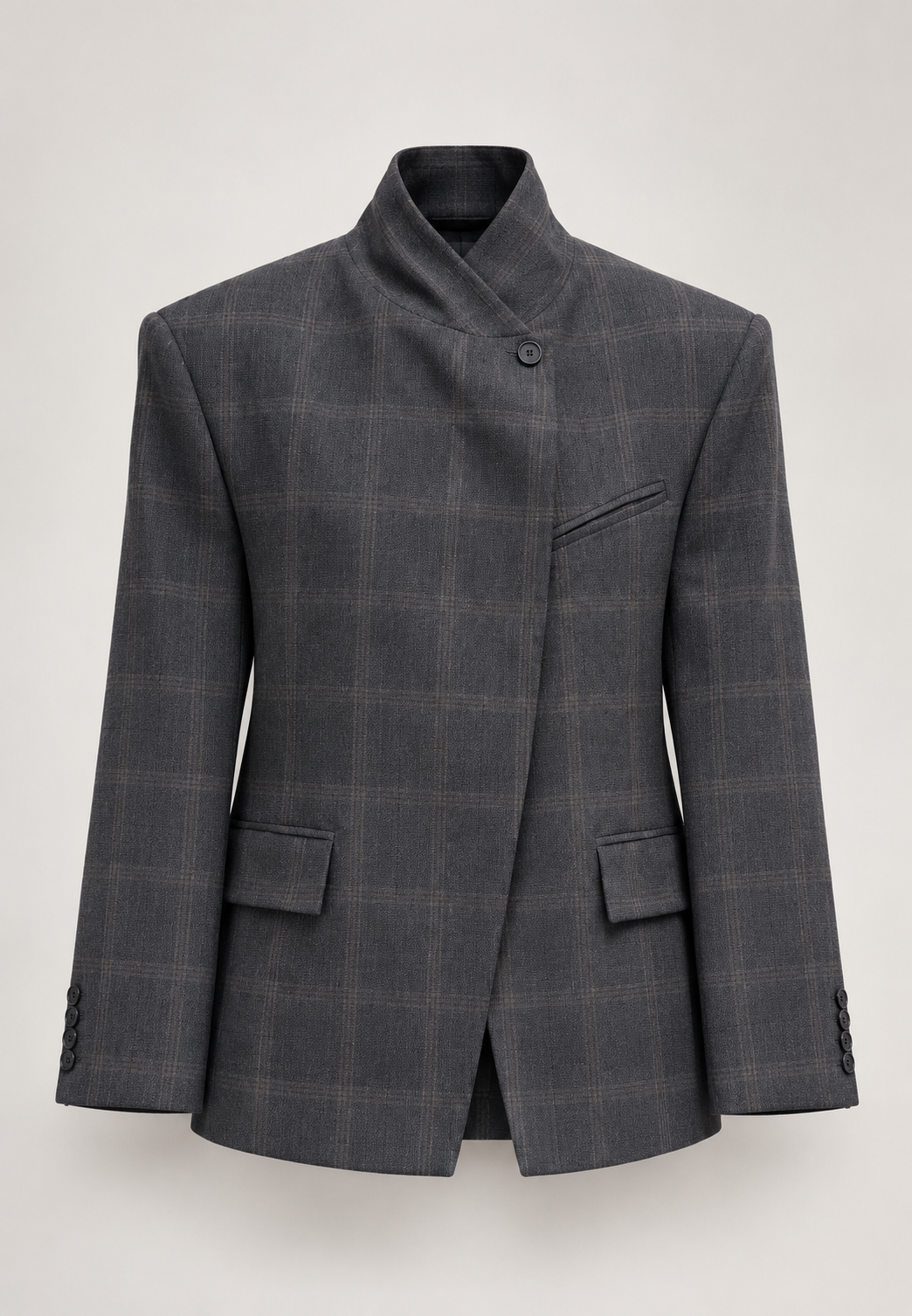 Damesblazer met ruitprint, hoge hals, zichtbare knoop en schouderstukken - Vega