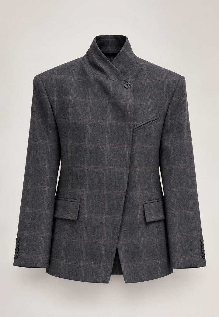 Damesblazer met ruitprint, hoge hals, zichtbare knoop en schouderstukken - Vega