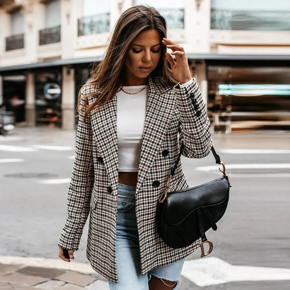Damesblazer met ruitjesmotief, dubbele knoopsluiting en revers - Karina