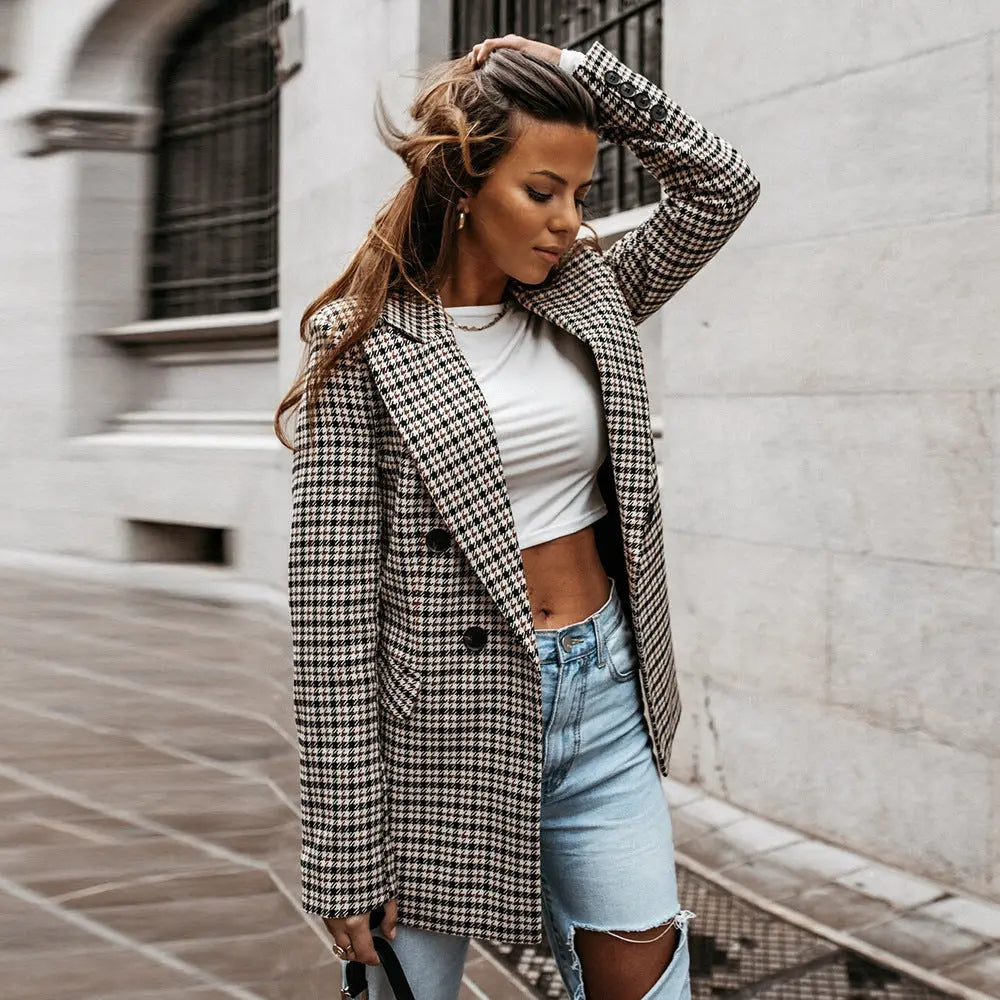 Damesblazer met ruitjesmotief, dubbele knoopsluiting en revers - Karina