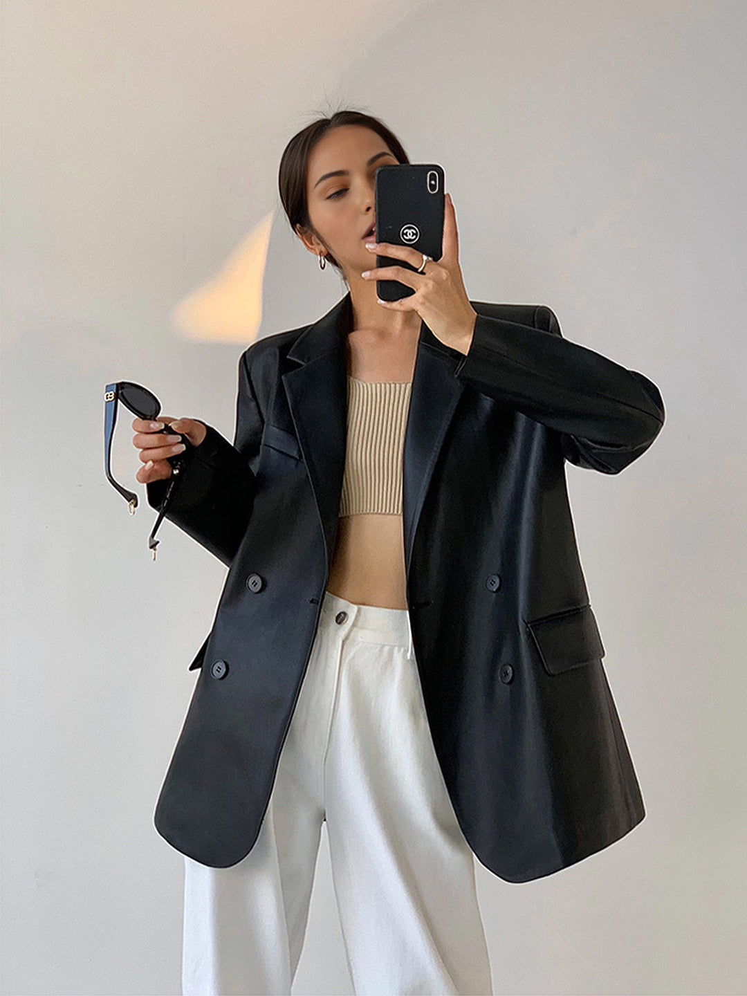 Damesblazer met leerlook, losse pasvorm en reverskraag - Tessa