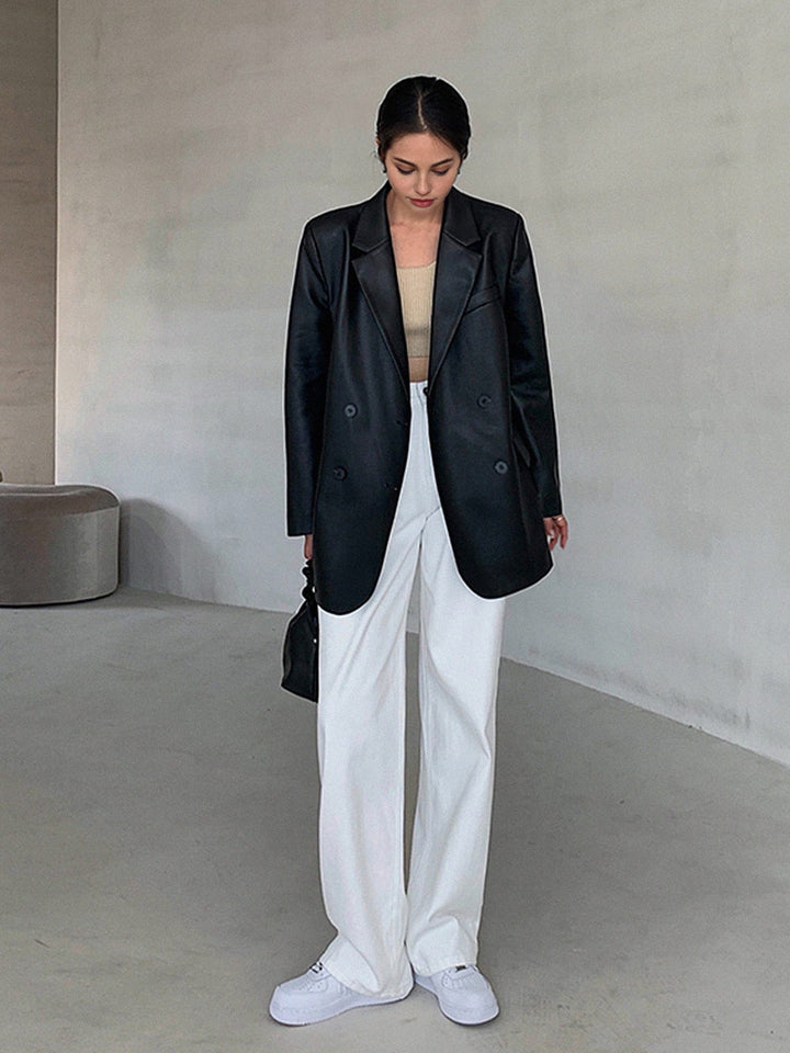 Damesblazer met leerlook, losse pasvorm en reverskraag - Tessa
