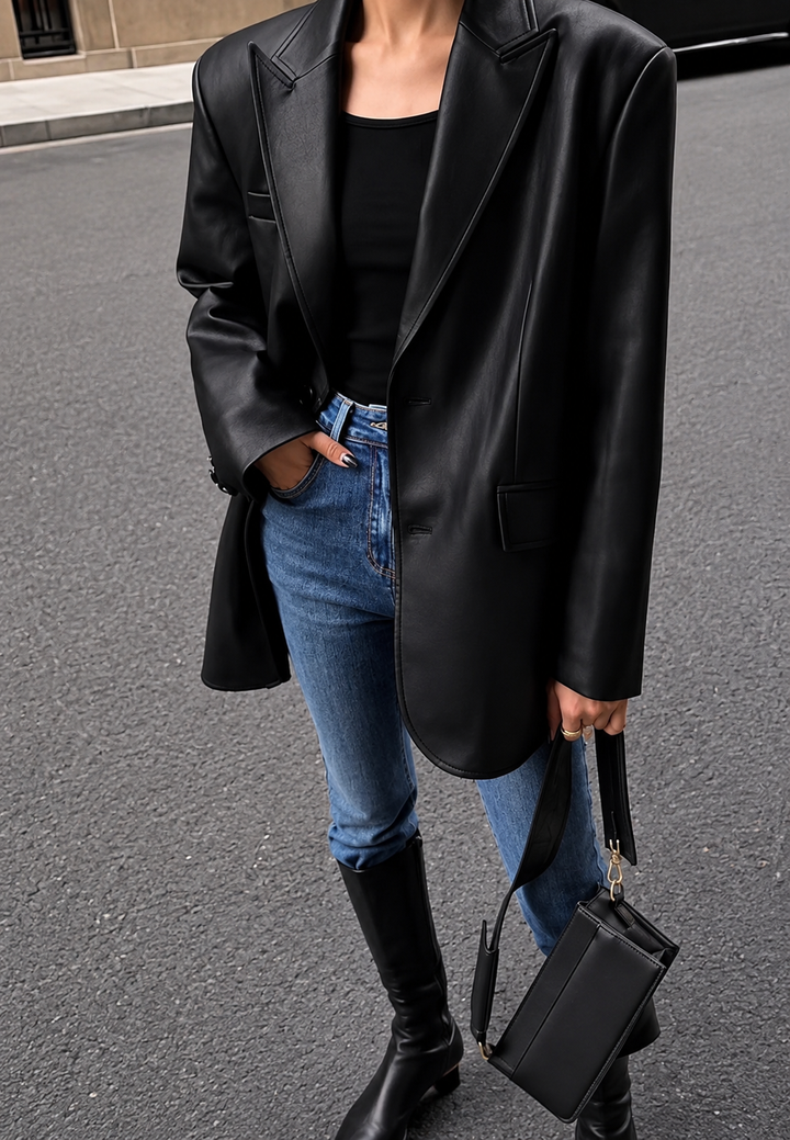 Damesblazer met leerlook, losse pasvorm en reverskraag - Tessa