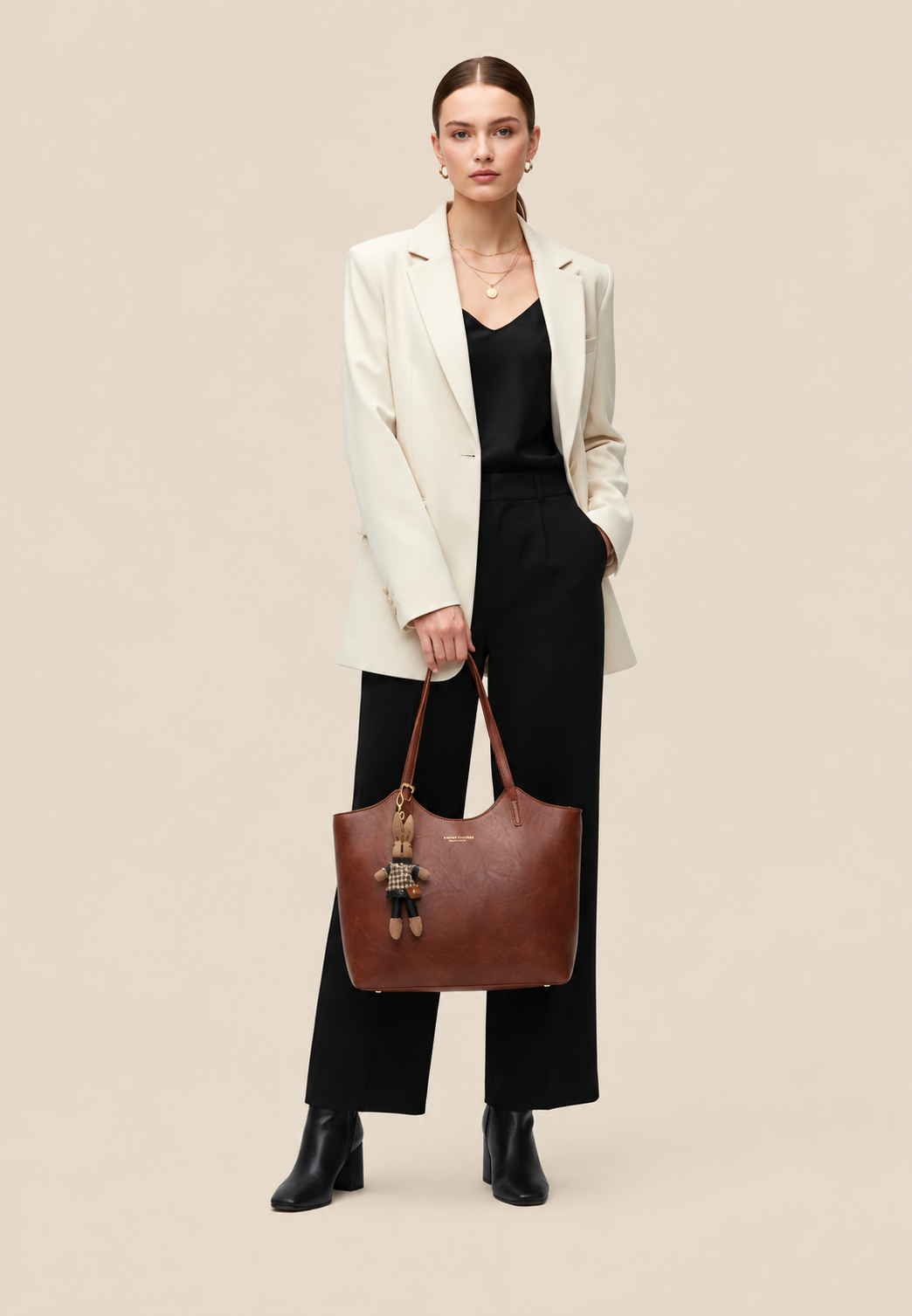 Damestas shopper in vegan leer met hangertje