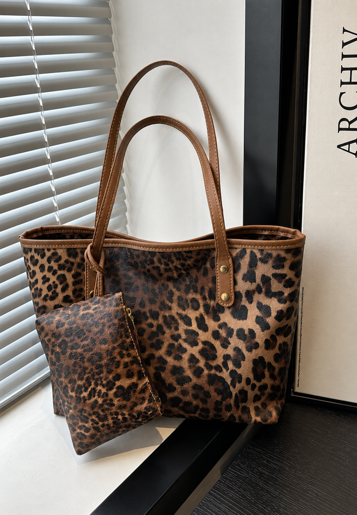 Damestas shopper met luipaardprint en lange hengsels