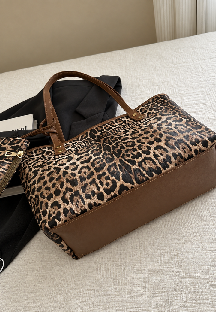 Damestas shopper met luipaardprint en lange hengsels